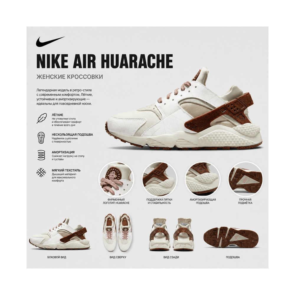 Nike Air Huarache 'Black / Dark Smoke Grey / White' Женские