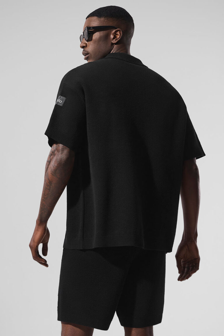 Рубашка Alo Yoga Sports Club Sweater Knit Short Sleeve Button Up «Black» Мужская