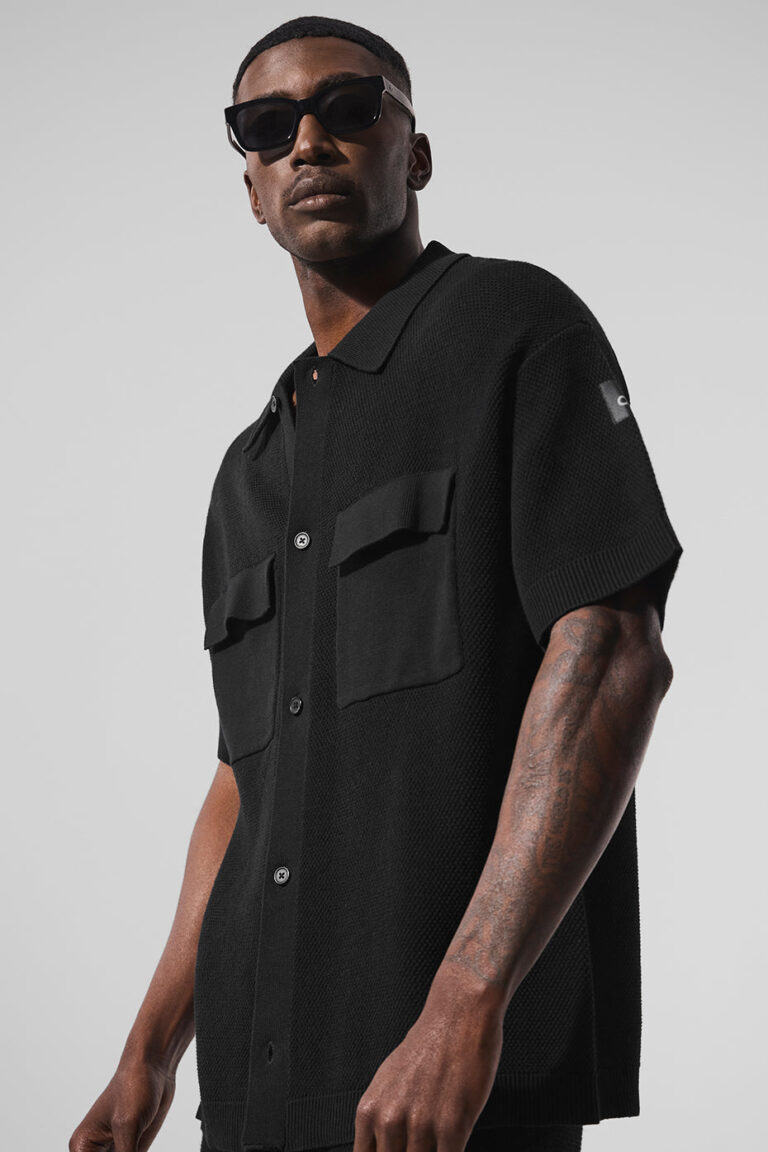 Рубашка Alo Yoga Sports Club Sweater Knit Short Sleeve Button Up «Black» Мужская