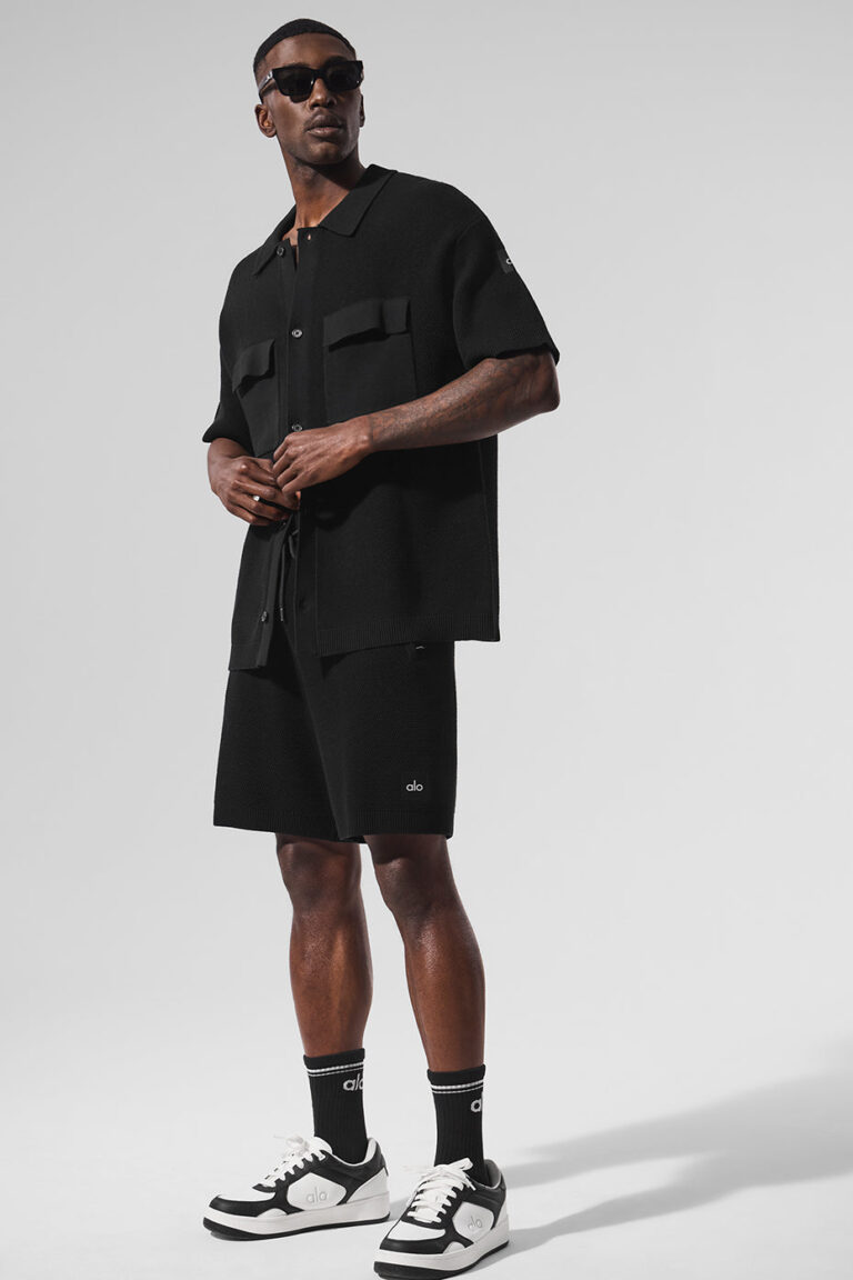 Рубашка Alo Yoga Sports Club Sweater Knit Short Sleeve Button Up «Black» Мужская
