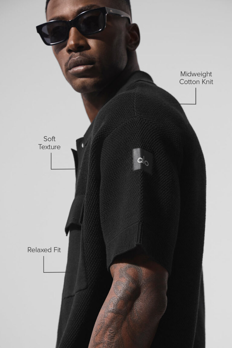 Рубашка Alo Yoga Sports Club Sweater Knit Short Sleeve Button Up «Black» Мужская