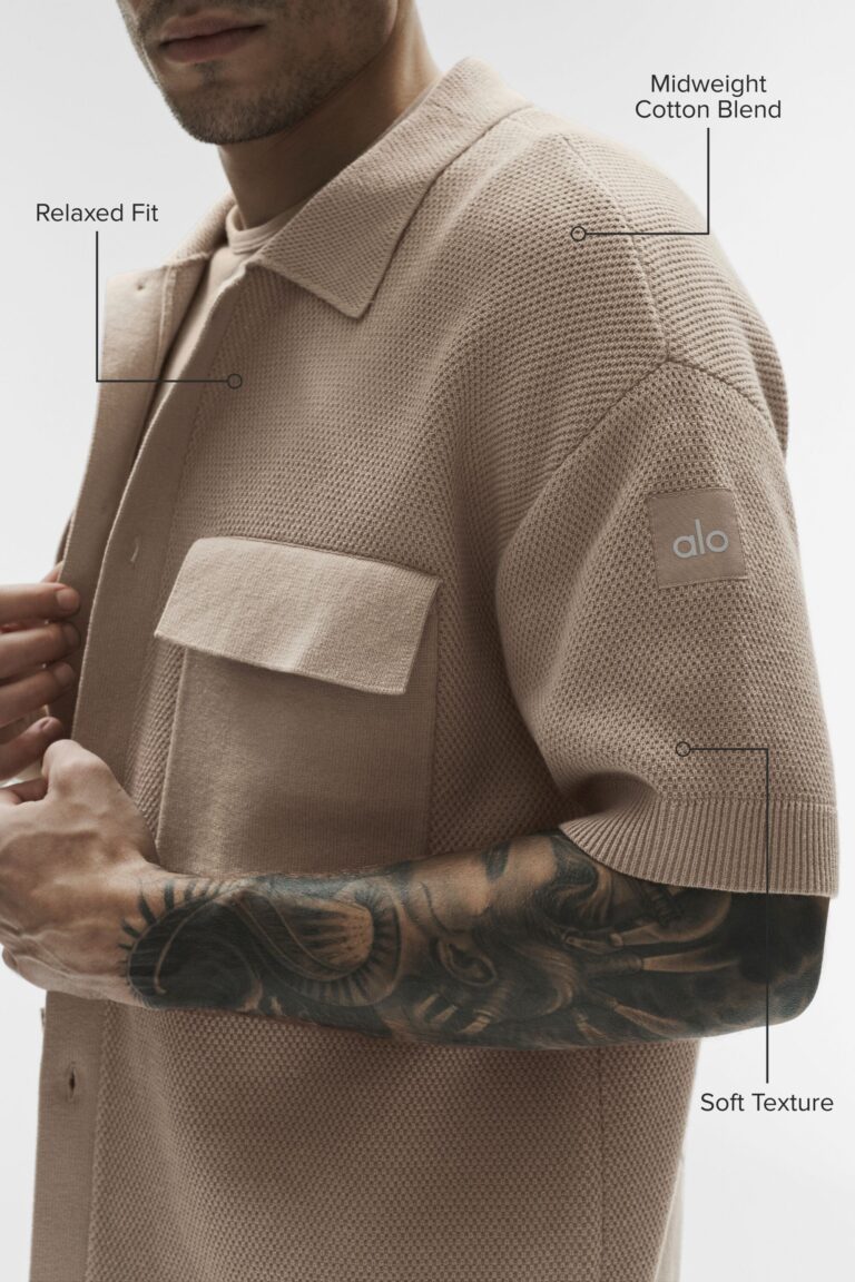 Рубашка Alo Yoga Sports Club Sweater Knit Short Sleeve Button Up «Gravel» Мужская