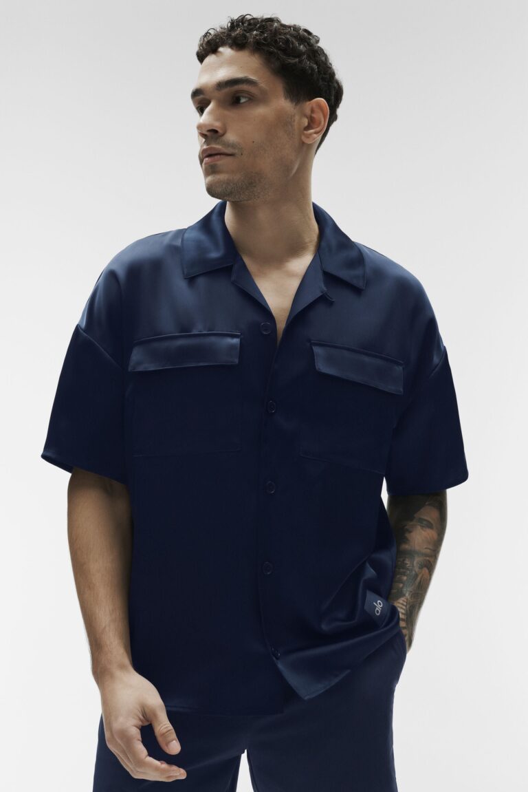 Рубашка Alo Yoga Satin Horizon Short Sleeve Button Up «Navy» Мужская