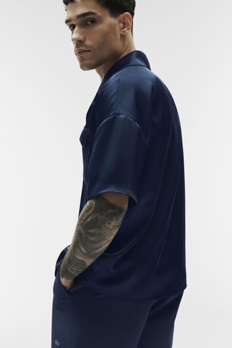Рубашка Alo Yoga Satin Horizon Short Sleeve Button Up «Navy» Мужская