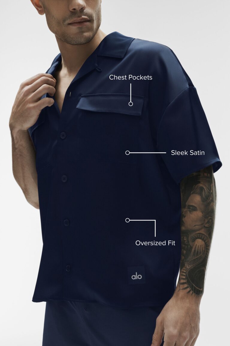 Рубашка Alo Yoga Satin Horizon Short Sleeve Button Up «Navy» Мужская