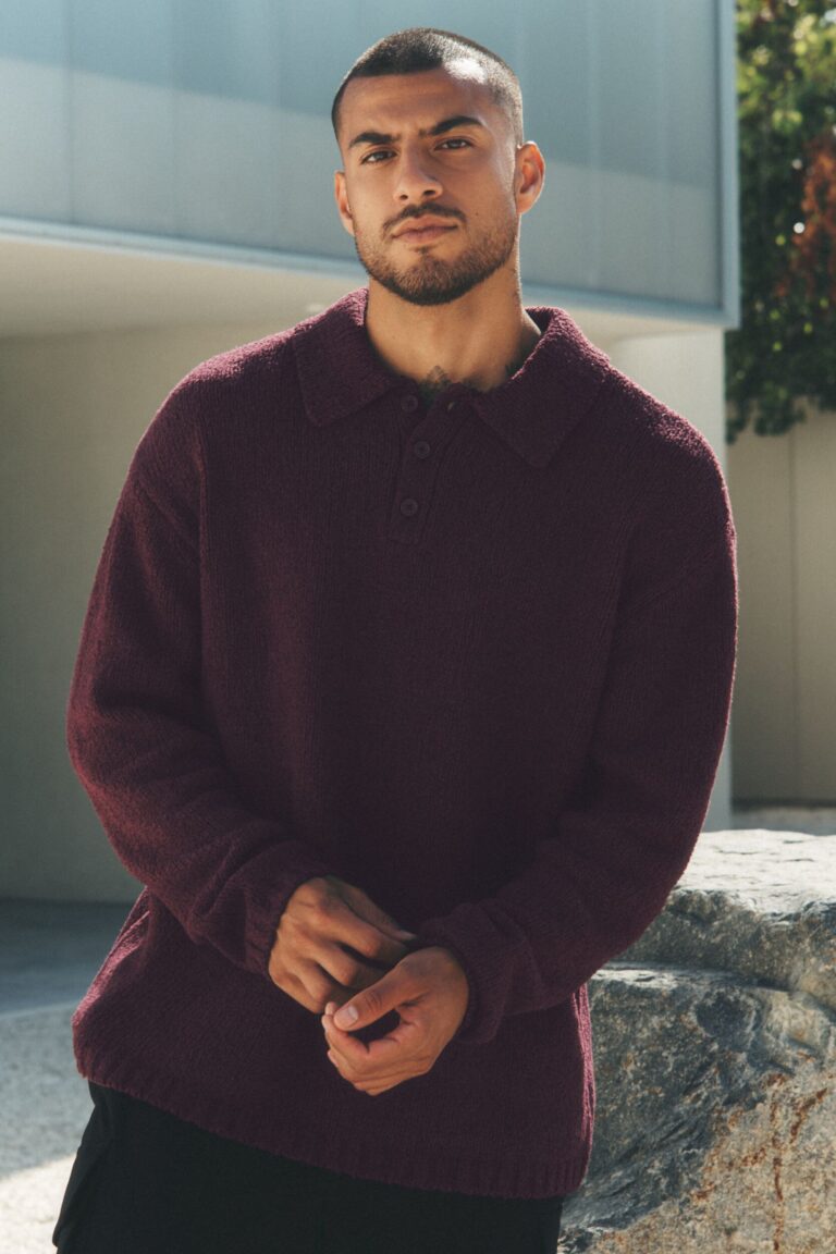 Лонгслив Alo Yoga Textured Knit Long Sleeve Polo «Rich Bordeaux» Мужская
