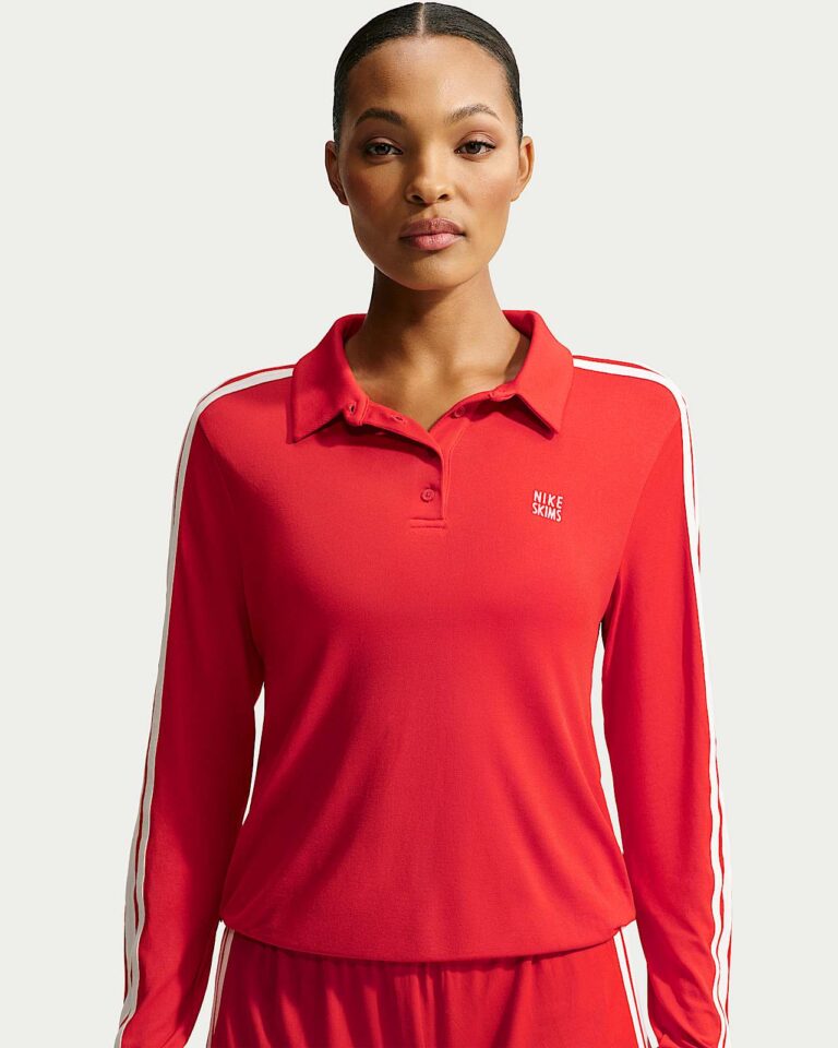 Лонгслив NikeSKIMS Stretch Knit Long-Sleeve Polo Top «Sport Red/Ecru» Женская